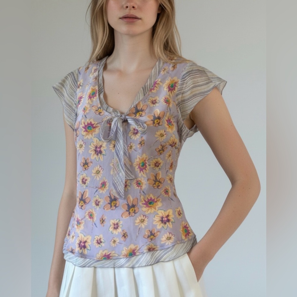 Adorable Sunny Leigh Cream Pink Tie Front silk Blouse